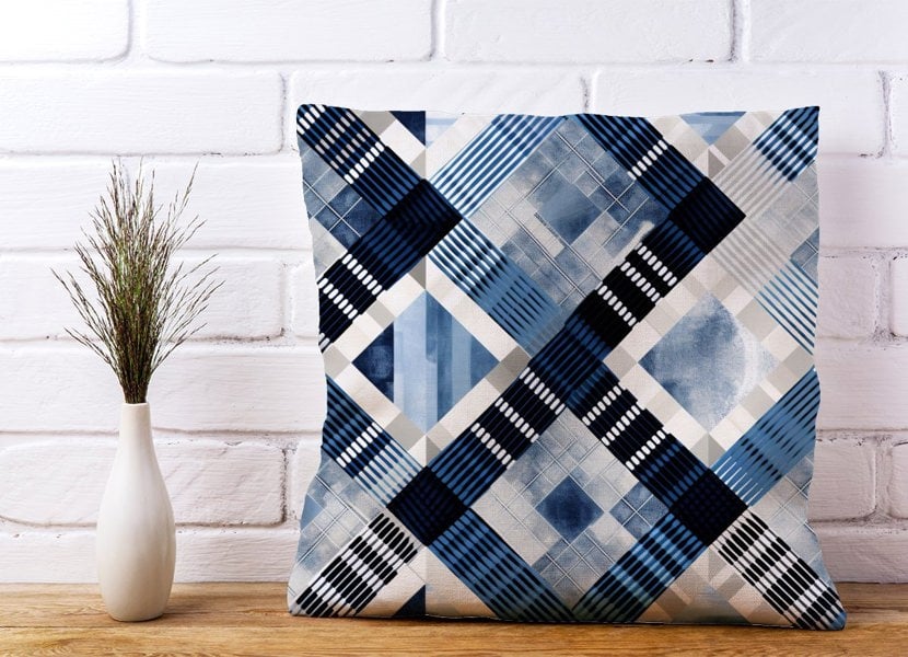 Warren Reed Checkered Square Black And Blue Cushions