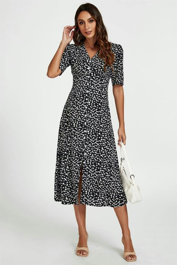 FS Collection Little Floral Print Button Front Midi Dress In Black
