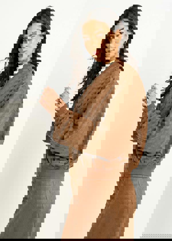 Gini London Brown Faux Suede Puff Ball Jacket