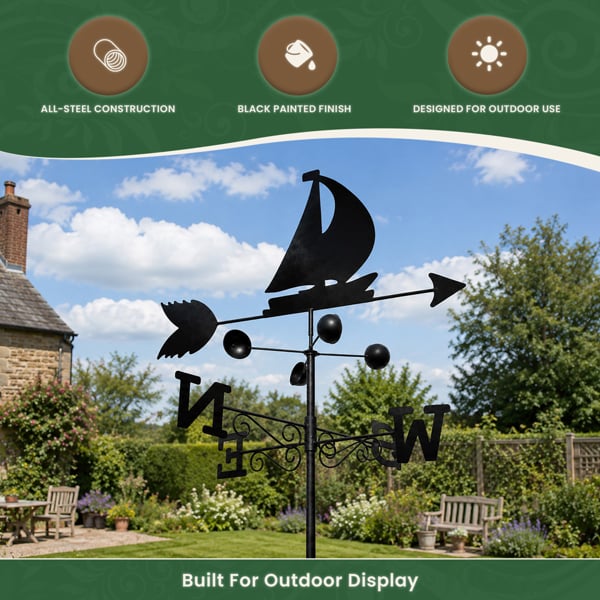 Boat Steel Weathervane, Black Painted All-Steel Weather Vane With Wall Fixings and 1.7m Ground Spike, Wind Speed Cups