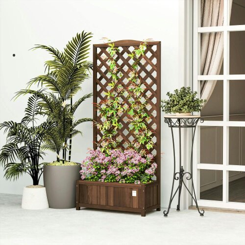 Bobobiy Wooden Planter with Trellis, Freestanding Raised Bed with Lattice, Outdoor Planter Box for Climbing Plants, 76 x 36 x 170 cm, Dark Brown