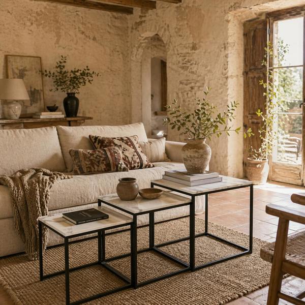 Wyld Haus Rekaco Wooden Marble Effect Set Of 3 Nesting Tables
