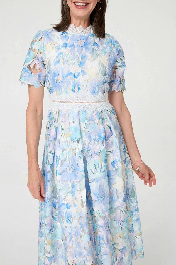 Blue | Floral Semi Sheer Lace Layer Midi Dress