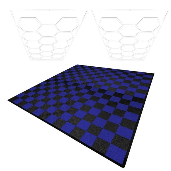 Monstershop Hexagon LED Lights x 2 & Vented Garage Floor Tiles With Edges - 120 Black & 120 Blue