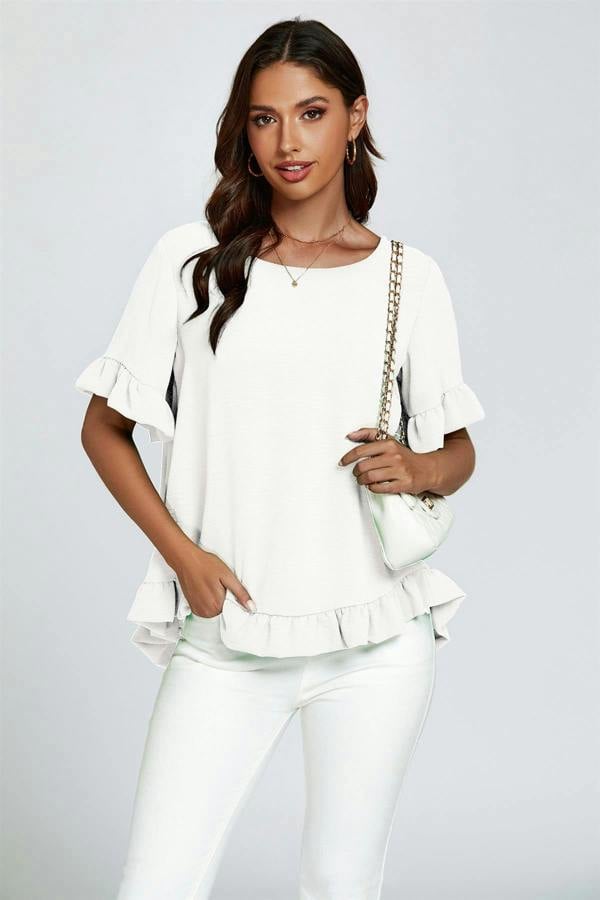 FS Collection Frill Detail Short Sleeves Top In White