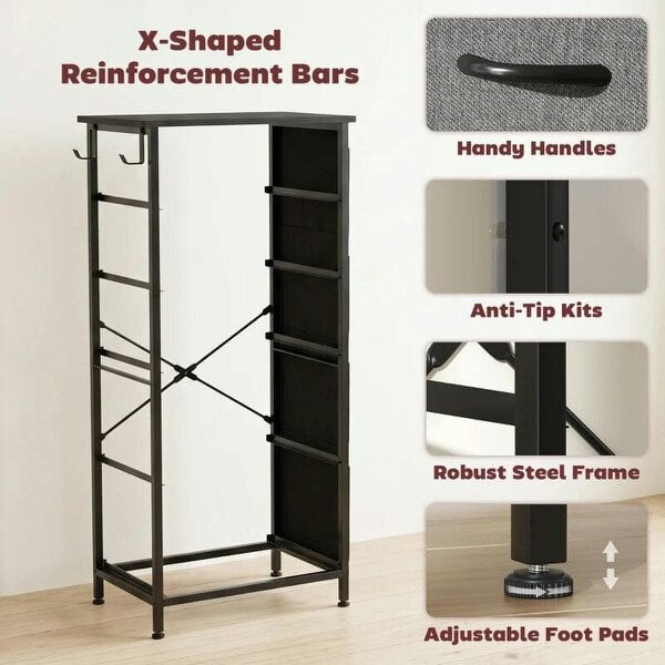 Chest of Drawers, Dresser with 5 Fabric Drawers, Tall Storage Unit with 4 Pockets and 2 Hooks Steel Frame, Charcoal Grey