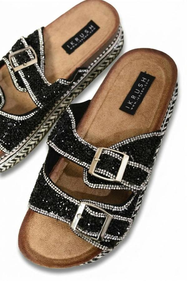 Remy Embellished Stone Double Buckle Platform Sandals - Black_wb