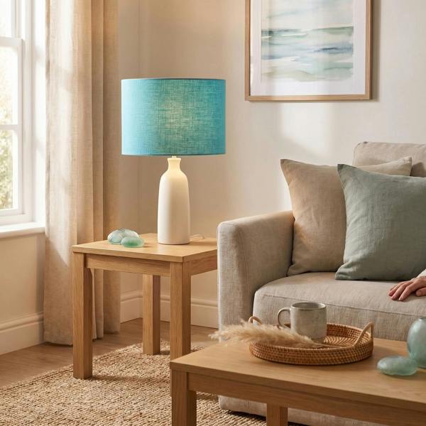 Designer Coastal Waters Teal Textured Linen Fabric Circular Lamp Shade Image 6