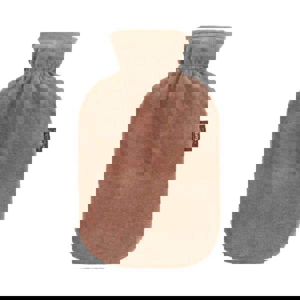 Tan suede Fashy 2L hot water bottle with plush cover and black logo