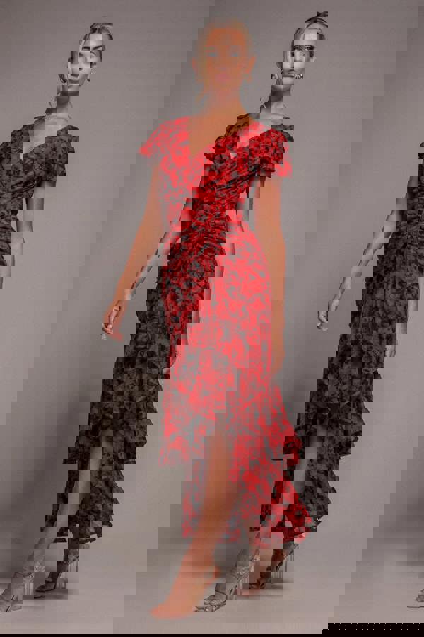 Floral Wrap High And Low Midaxi Dress - Red DR4369