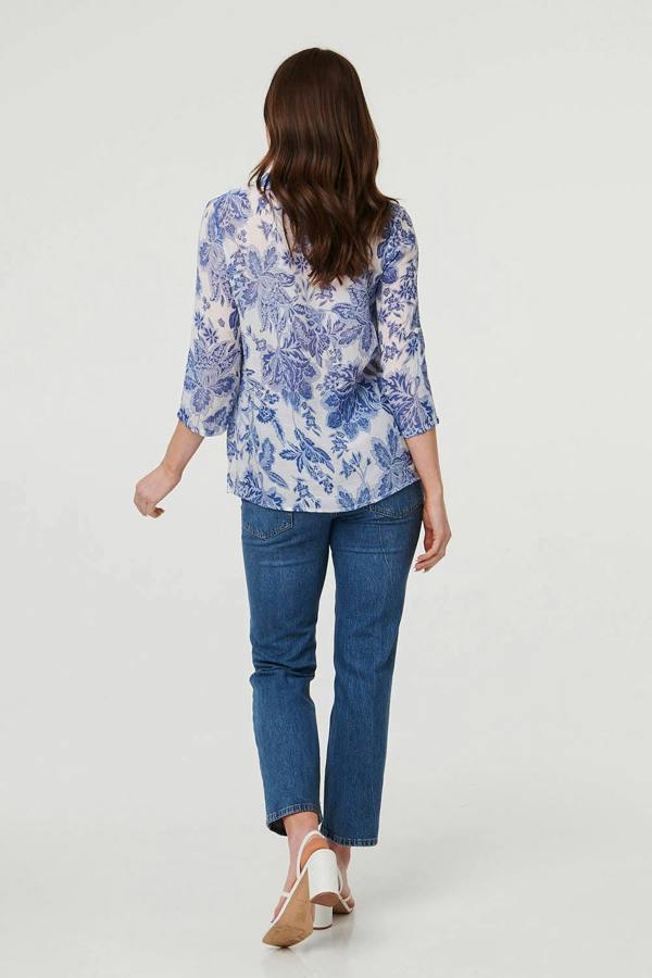 Blue | Floral Lace Detail 3/4 Sleeve Blouse