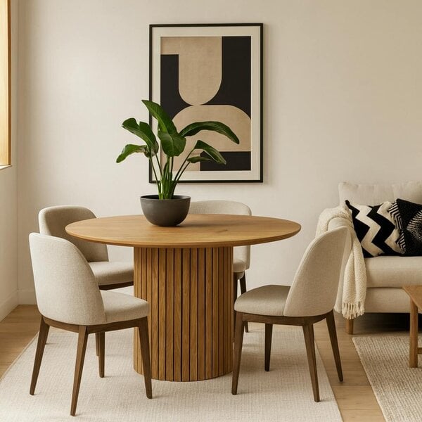 Wyld Haus Rome 4 Seater Round Wild Oak Effect Dining Table with Lamella Pillar Base