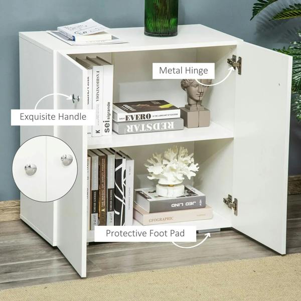 White storage cabinet with open shelves, metal hinges, and protective foot pads.