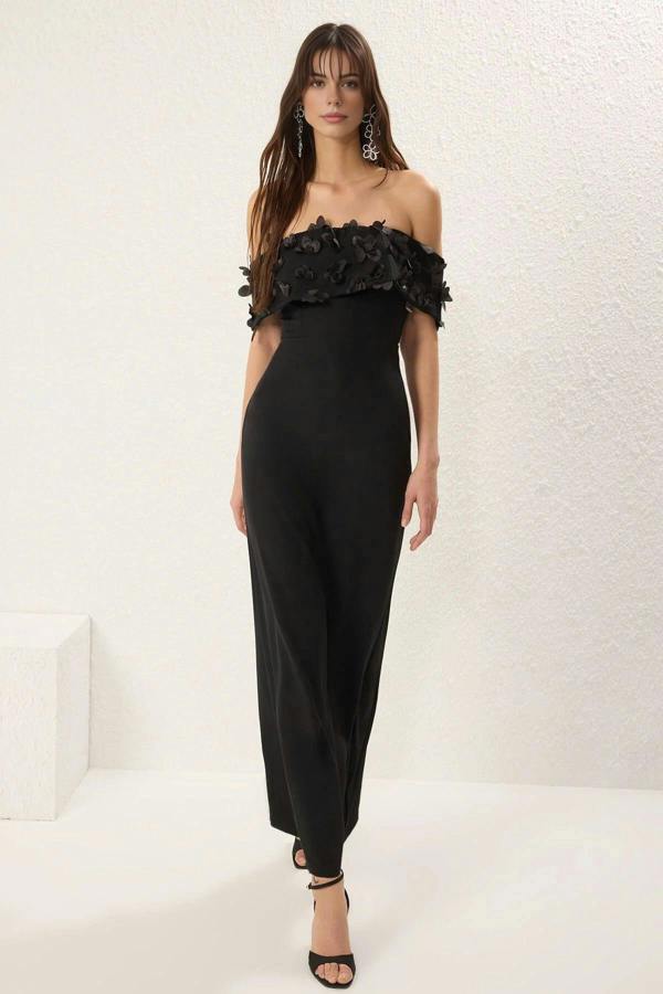 WOVCOR Carmen Collar Woven Long Dress with Floral Applique Detail