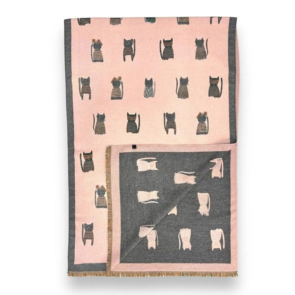 SVNX Cat Printed Scarf in Pink & Grey - Wool Blend