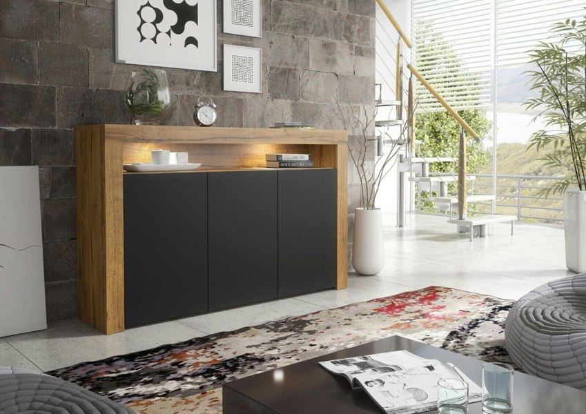 Mex Furniture Contemporary 155cm Sideboard TV Stand Cupboard Cabinet – Black Matt Doors & Free LED