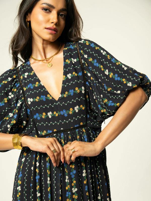 Rose & Nancy Kiri Black Floral Printed Maxi Dress