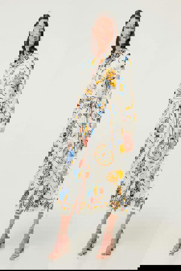 Beige | Printed Long Sleeve Maxi Shirt Dress