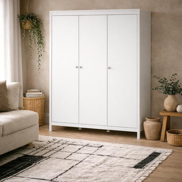 Wyld Haus Gossmere White Wooden Wardrobe 3 Doors Silver Handles