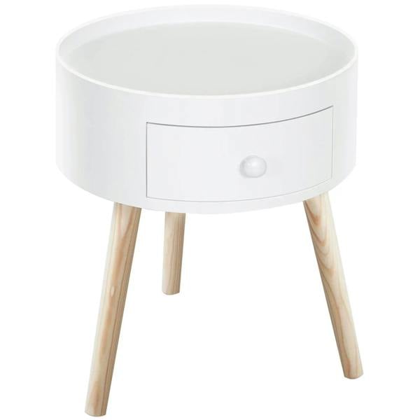 White round bedside table with drawer, smooth painted finish, and light wood legs