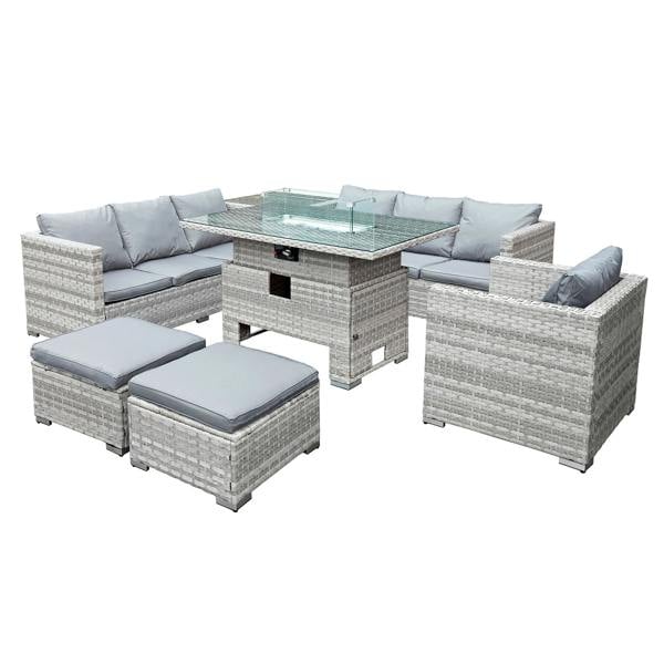 malta rattan 9 seat rising firepit corner set in dove grey with 2 footstools