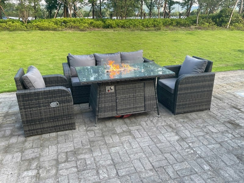 Fimous Dark Mixed Grey Rattan Outdoor Garden Furniture Gas Fire Pit Table Gas Heater Sets Lounge Sofa Reclining Adjustable Chairs 5 Seater