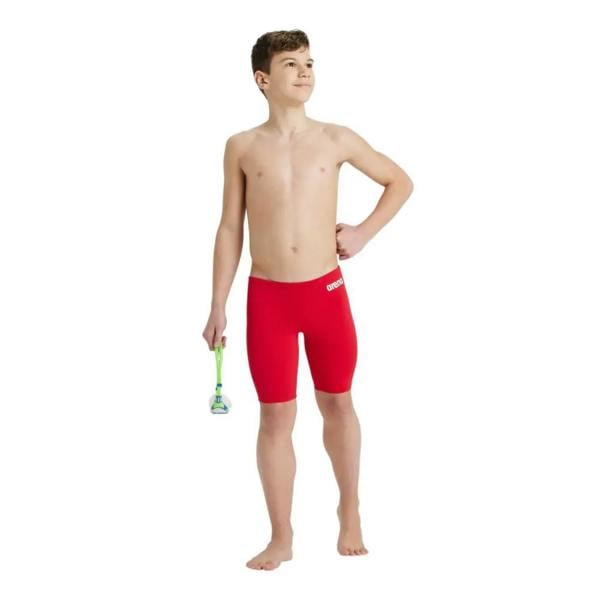 Red Arena boys team solid swim jammer with white logo and green razor handle