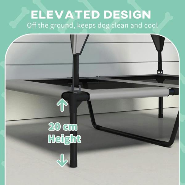Light grey elevated dog bed frame with raised platform and tall legs, 20 cm height