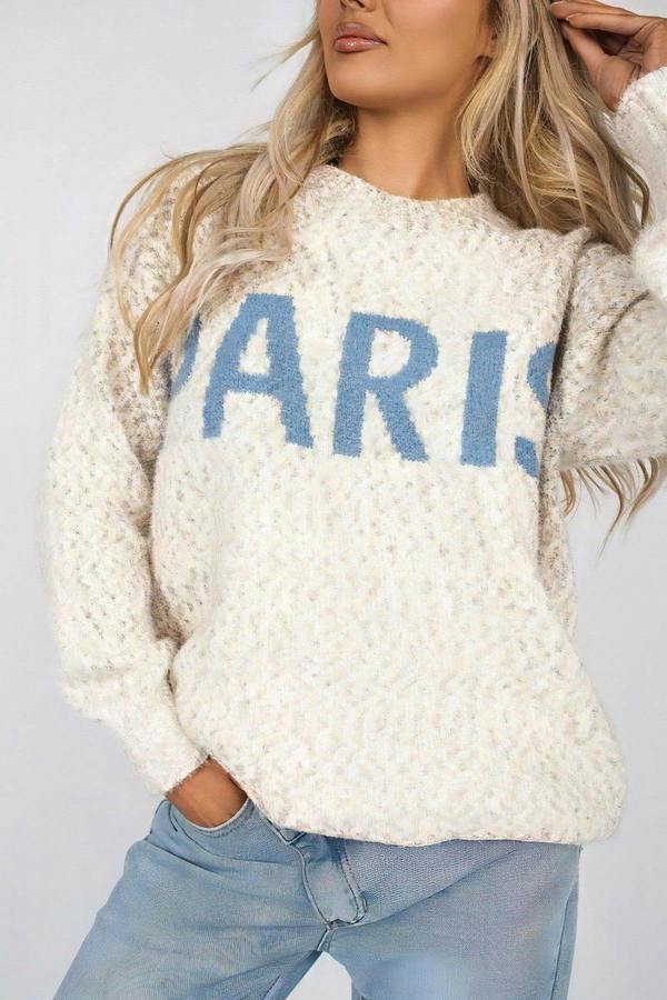 Jalina Long Sleeve Oversized Knitted Jumper With Paris Slogan - Stone