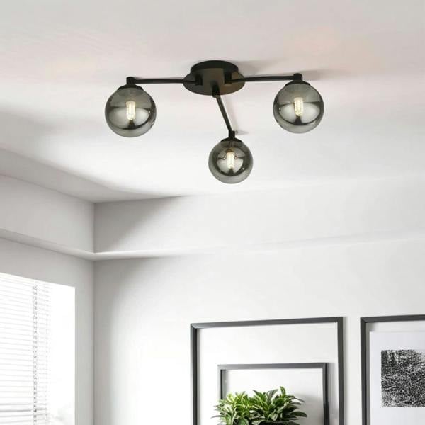 Pagazzi Lighting Navarro Flush 3-Light Black Ceiling Light with Smoked Glass