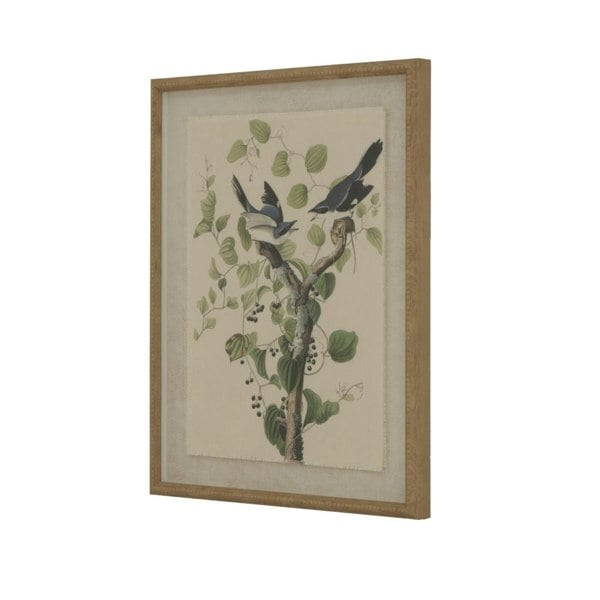 Hill Interiors Flora & Fauna Collection Shrikes Beaded Linen Framed Wall Art - Brown/White/Green