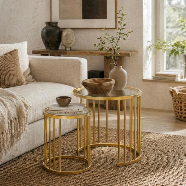 Wyld Haus Livi Metal Gold And Glass Set Of 2 Stripe Round Nesting Coffee Tables