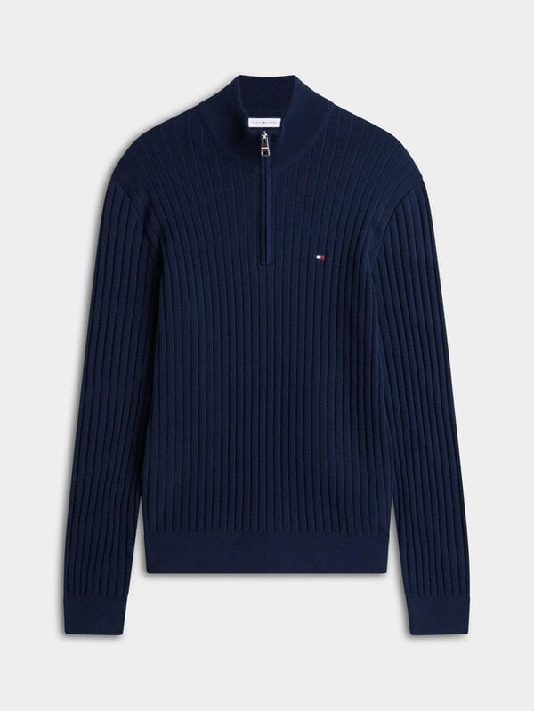 Tommy Hilfiger Wide Rib-Knit Mens Quarter-Zip Jumper - Carbon Navy