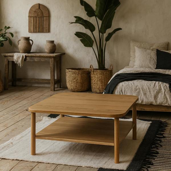Wyld Haus Bermudas Natural Oak Wood Square Coffee Table Bottom Shelf