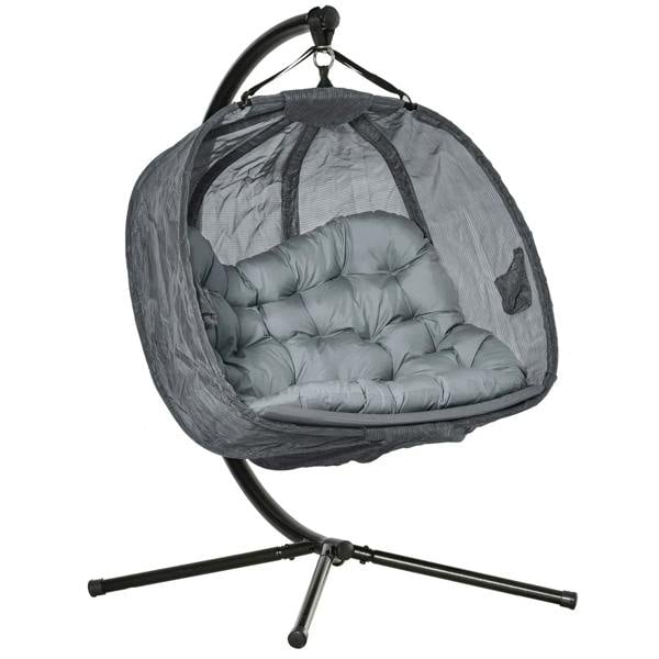 Grey double hanging egg chair with stand, grey mesh basket, and padded two-seat cushion