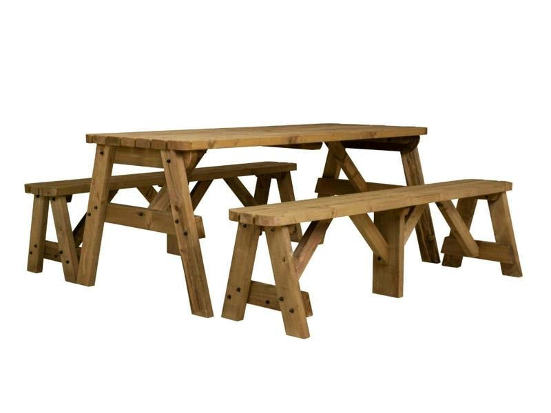 Victoria Rounded Picnic Table and Benches Set – Rustic Finish Wooden Outdoor Dining Set for Gardens, Patios, and Picnics
