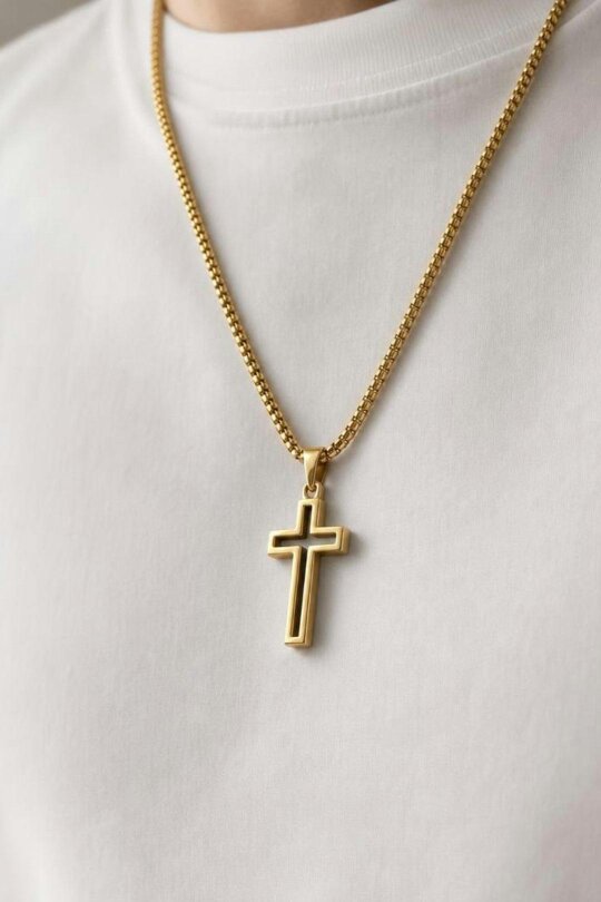 SVNX Hollow Cross Pendant Necklace in Gold