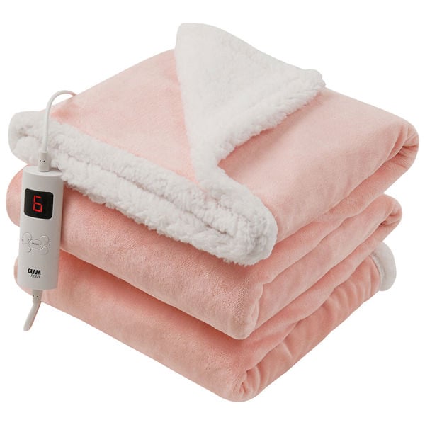 GlamHaus Heated Throw Electric Blanket 6 Heat and 3 Timer Auto Shut Off - Digital Control - Machine Washable - Light Pink