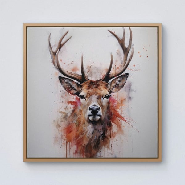 Warren Reed Watercolour Splash Art Stag Face Framed Canvas