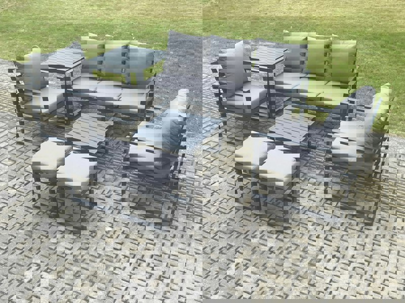 Fimous Aluminium 7 Seater Outdoor Lounge Sofa Set Garden Furniture Sets with Square Coffee Table 2 Chairs 2 Small Footstools Side Table Dark Grey