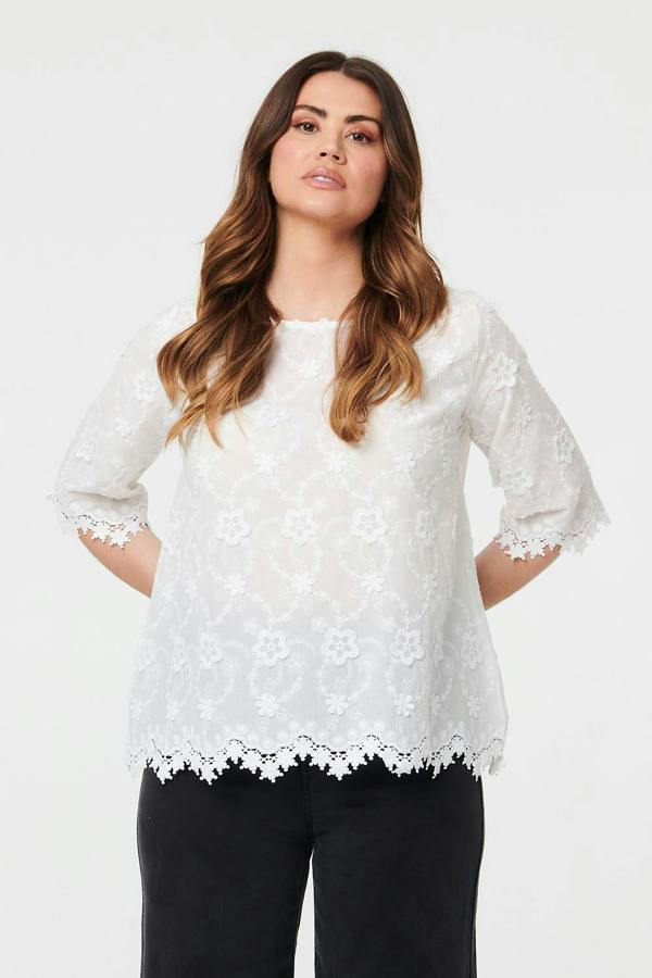 White | Floral Embroidered Lace 1/2 Sleeve Top