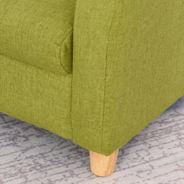Green kids armchair front corner with wooden leg and rounded cushion arms