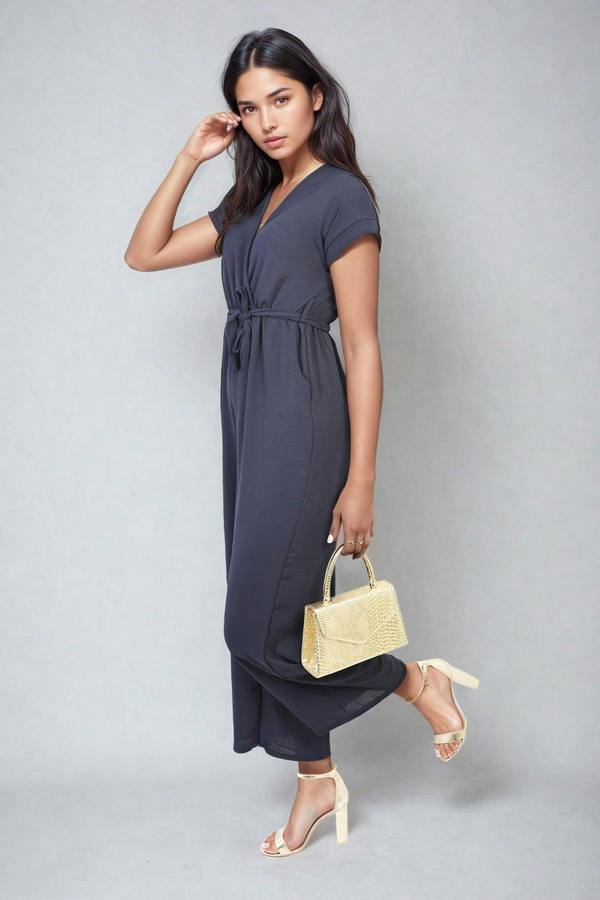 Alessandra Belted V Neck Jumpsuit With Side Pockets - Navy