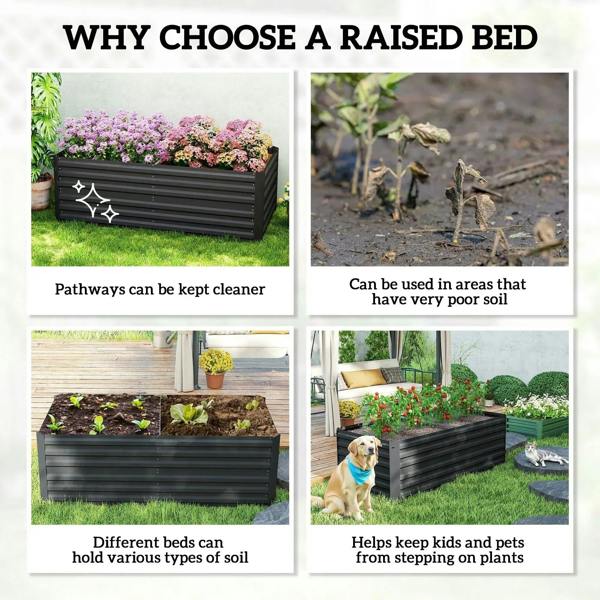 Black raised bed planter with planting scenes for cleaner pathways and soil use
