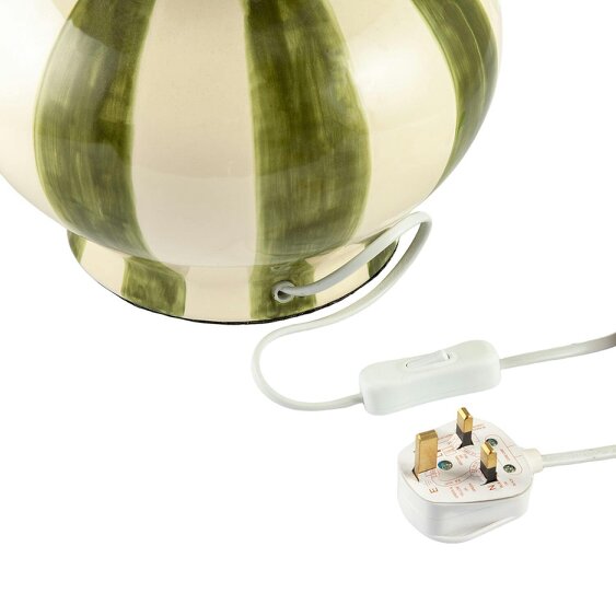 Happy Homewares Hand Brushed Olive Green Striped Ceramic Table Lamp with Fabric Shade