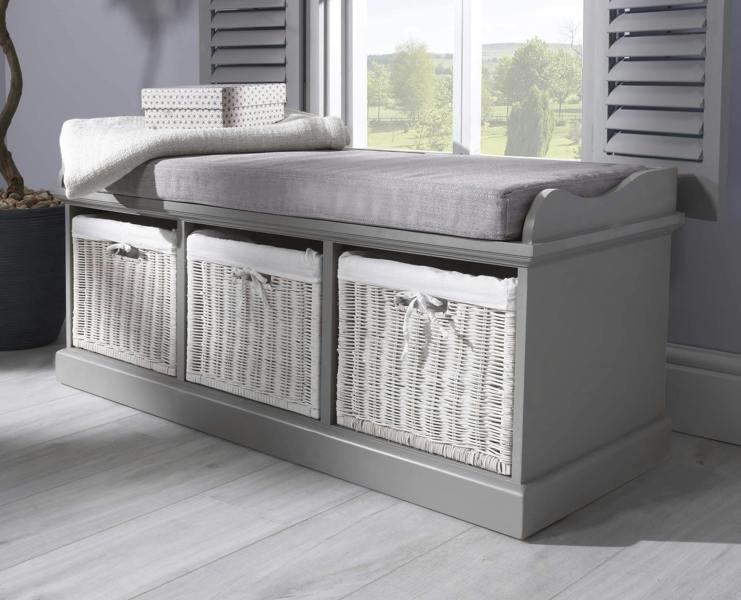 Statement Furniture Tetbury Bench with 3 White Wicker Baskets and Cushion, Assembled Hallway Storage