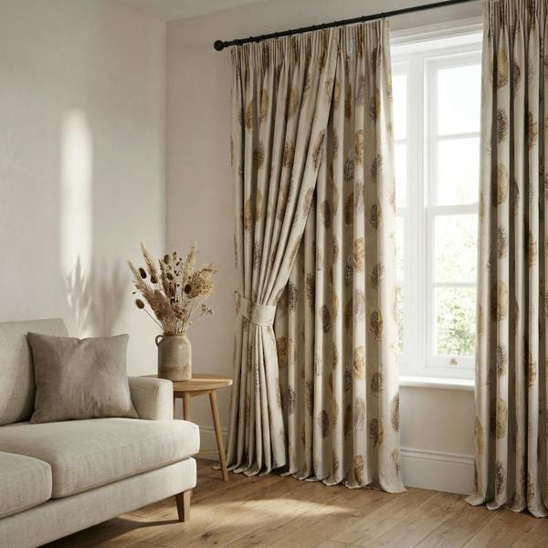 Echo made-to-measure curtains in Natural, styled in a living room