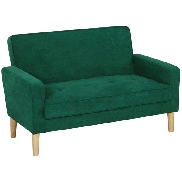 Green velvet-feel two-seater sofa with rolled arms, thick seat, and wooden legs.