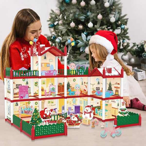 deAO Toys Christmas Doll House Playset – 3D DIY Two-Floor Dream House with Garden & Accessories Pretend Play Princess House Gift for Kids Ages 3+