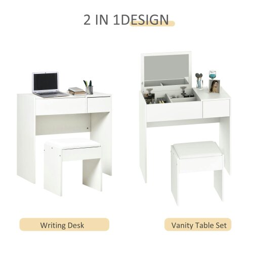 Wyld Haus Firazzi White Vanity Desk With Flip Mirror Drawer Storage And Cushioned Stool